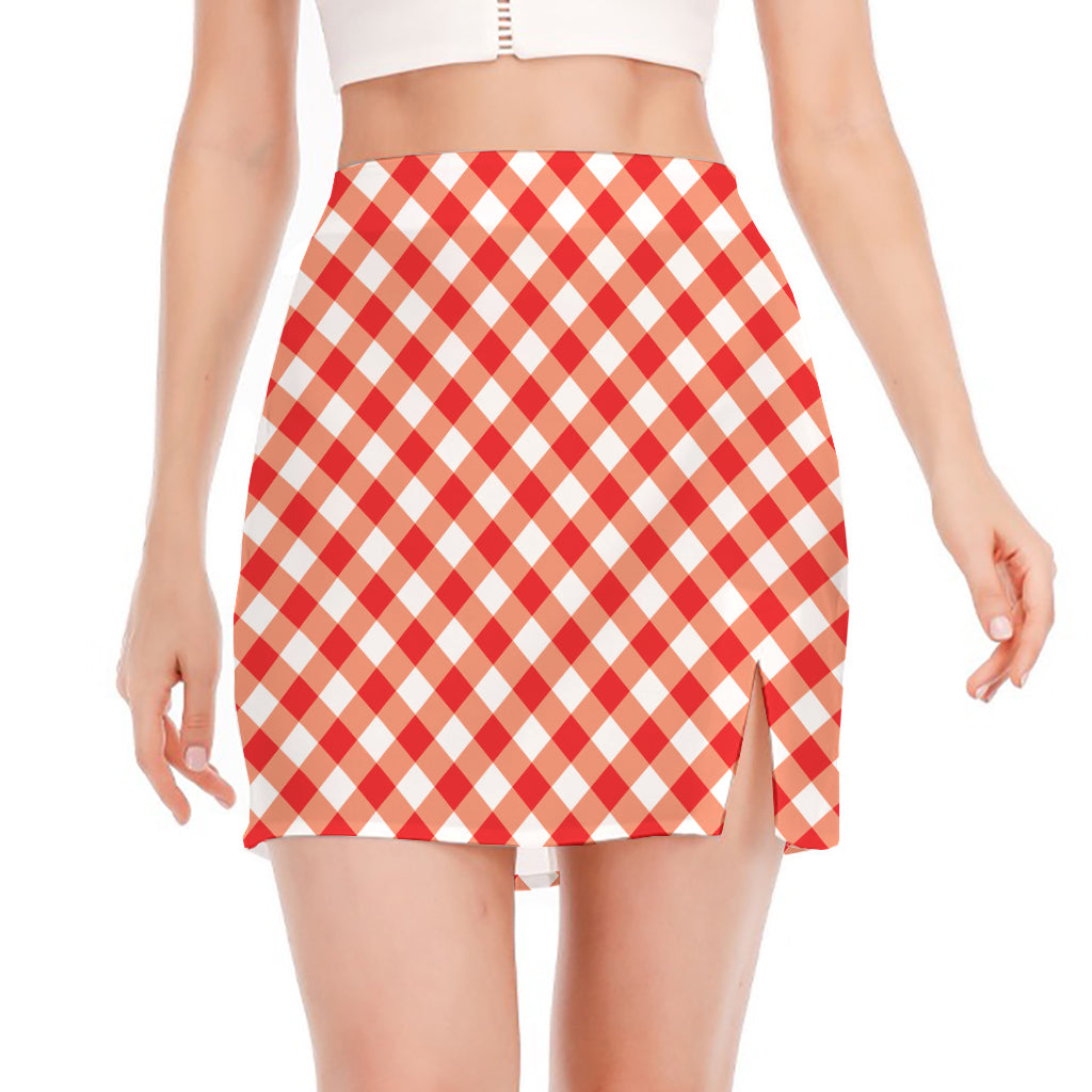 Lava Red And White Gingham Print Side Slit Mini Skirt