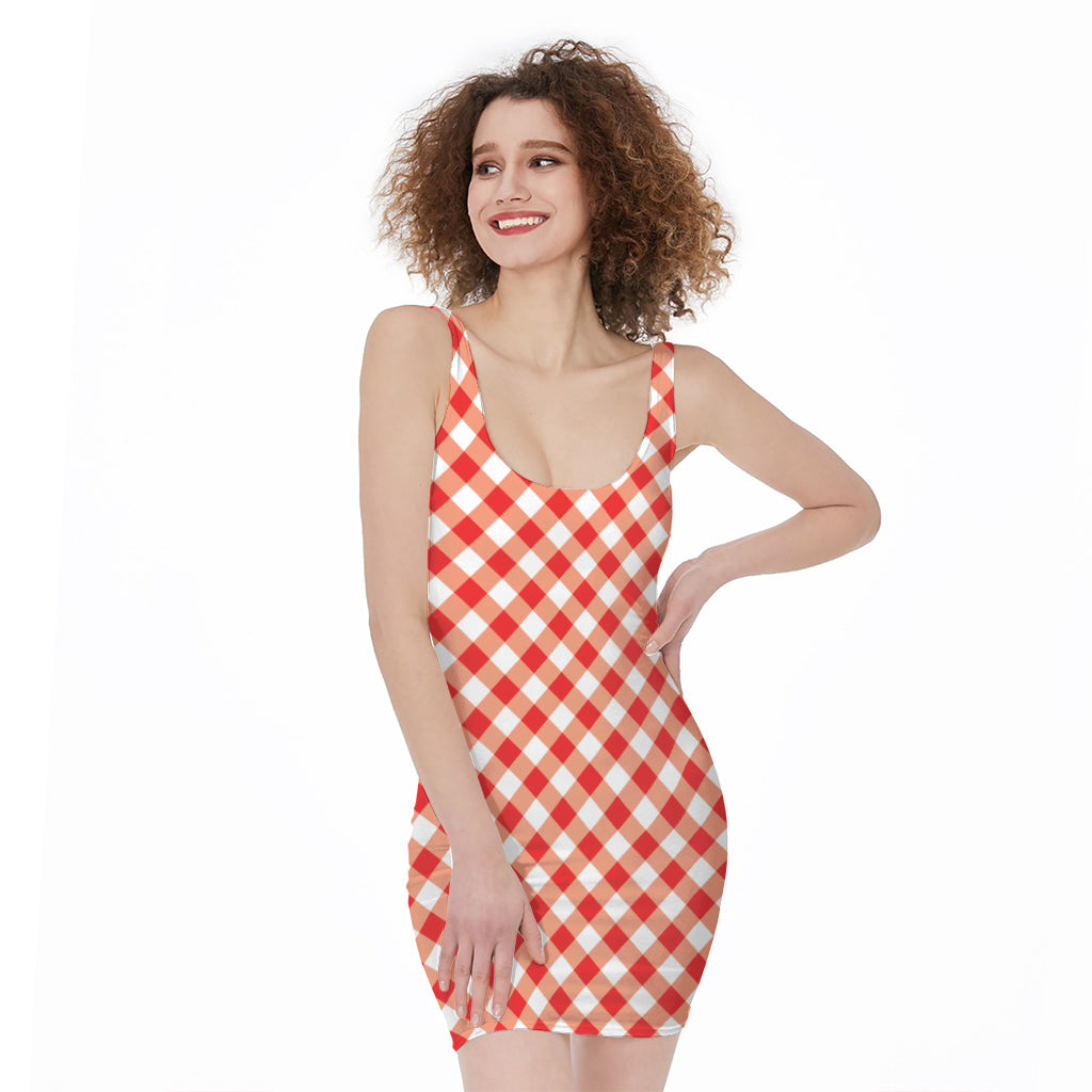 Lava Red And White Gingham Print Sleeveless Bodycon Dress