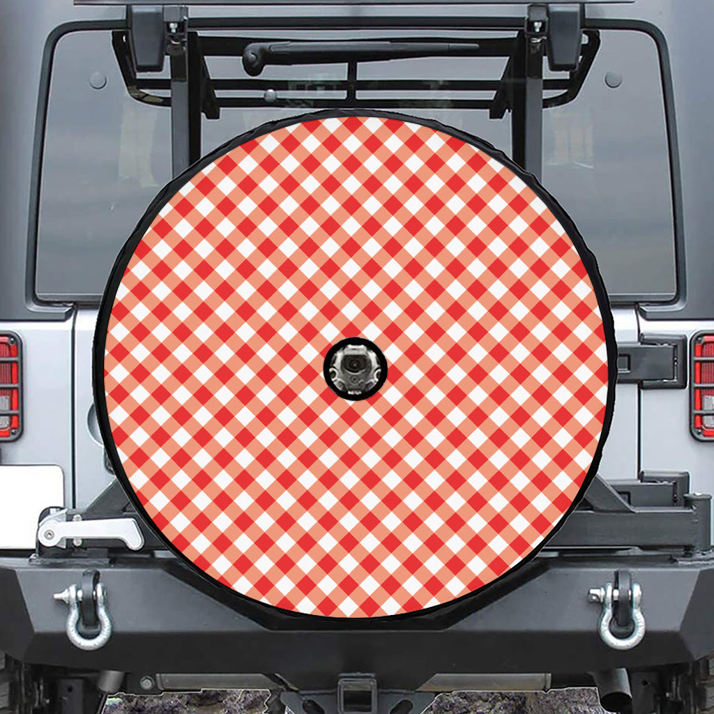 Lava Red And White Gingham Print Tire Cover With Camera Hole