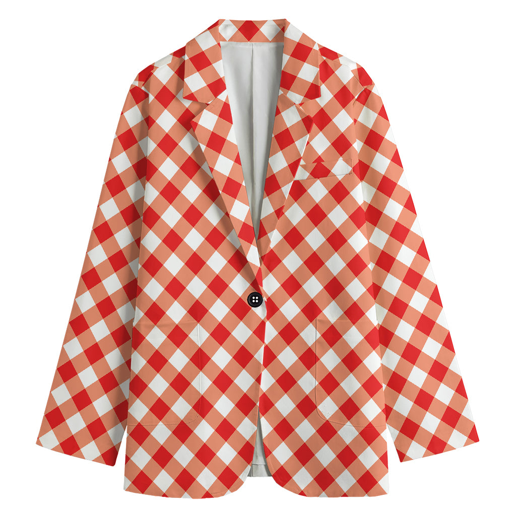 Lava Red And White Gingham Print Women's Cotton Blazer