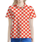 Lava Red And White Gingham Print Women's Polo Shirt