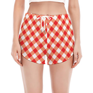 Lava Red And White Gingham Print Women's Split Running Shorts