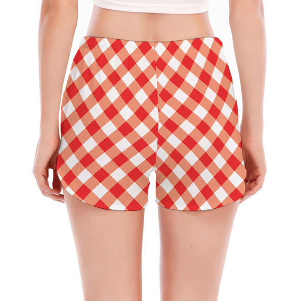 Lava Red And White Gingham Print Women's Split Running Shorts