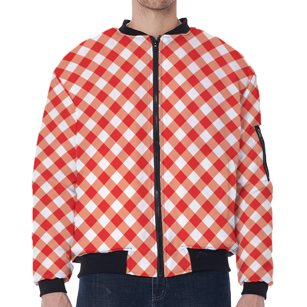 Lava Red And White Gingham Print Zip Sleeve Bomber Jacket