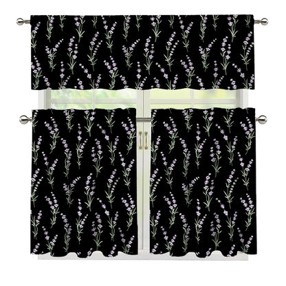 Lavender Flowers Pattern Print 3 Piece Kitchen Curtains