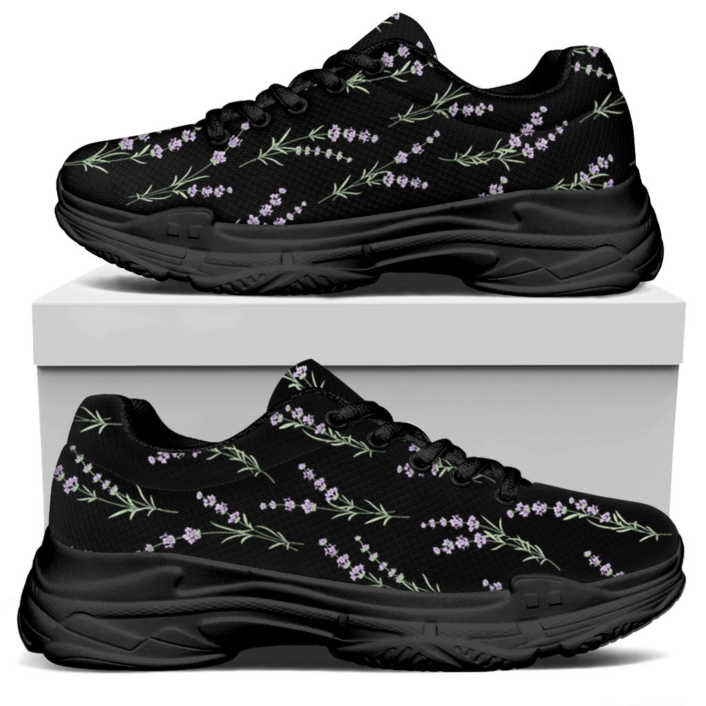 Lavender Flowers Pattern Print Black Chunky Shoes