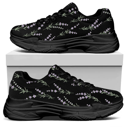 Lavender Flowers Pattern Print Black Chunky Shoes