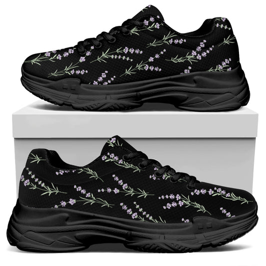 Lavender Flowers Pattern Print Black Chunky Shoes