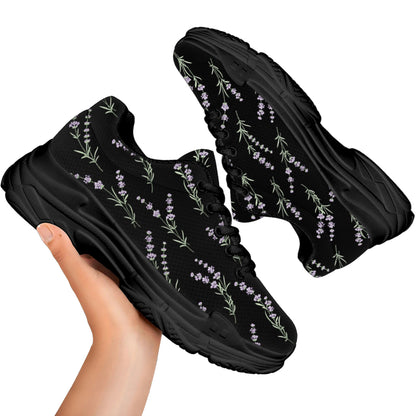 Lavender Flowers Pattern Print Black Chunky Shoes