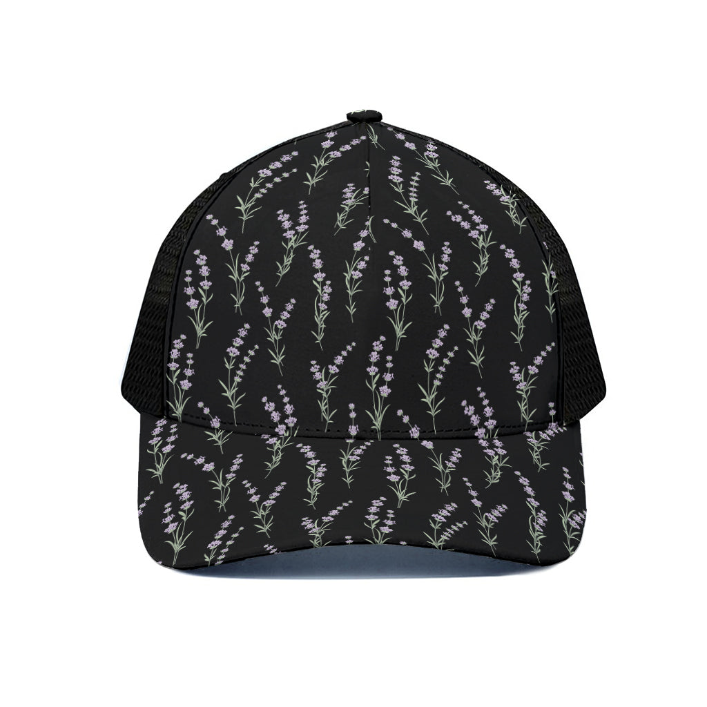 Lavender Flowers Pattern Print Black Mesh Trucker Cap