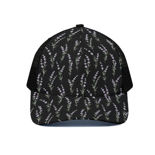 Lavender Flowers Pattern Print Black Mesh Trucker Cap