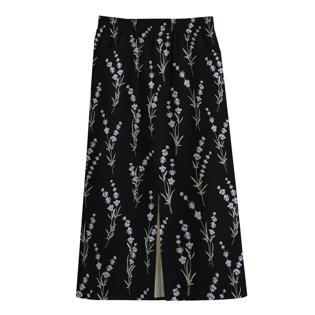 Lavender Flowers Pattern Print Cotton Front Slit Maxi Skirt