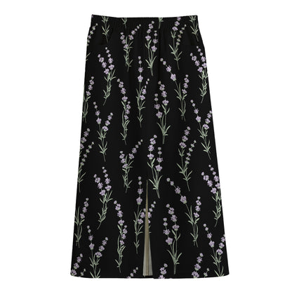 Lavender Flowers Pattern Print Cotton Front Slit Maxi Skirt
