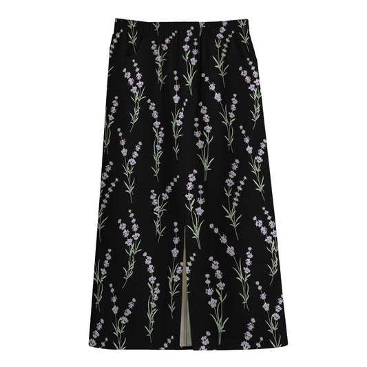 Lavender Flowers Pattern Print Cotton Front Slit Maxi Skirt