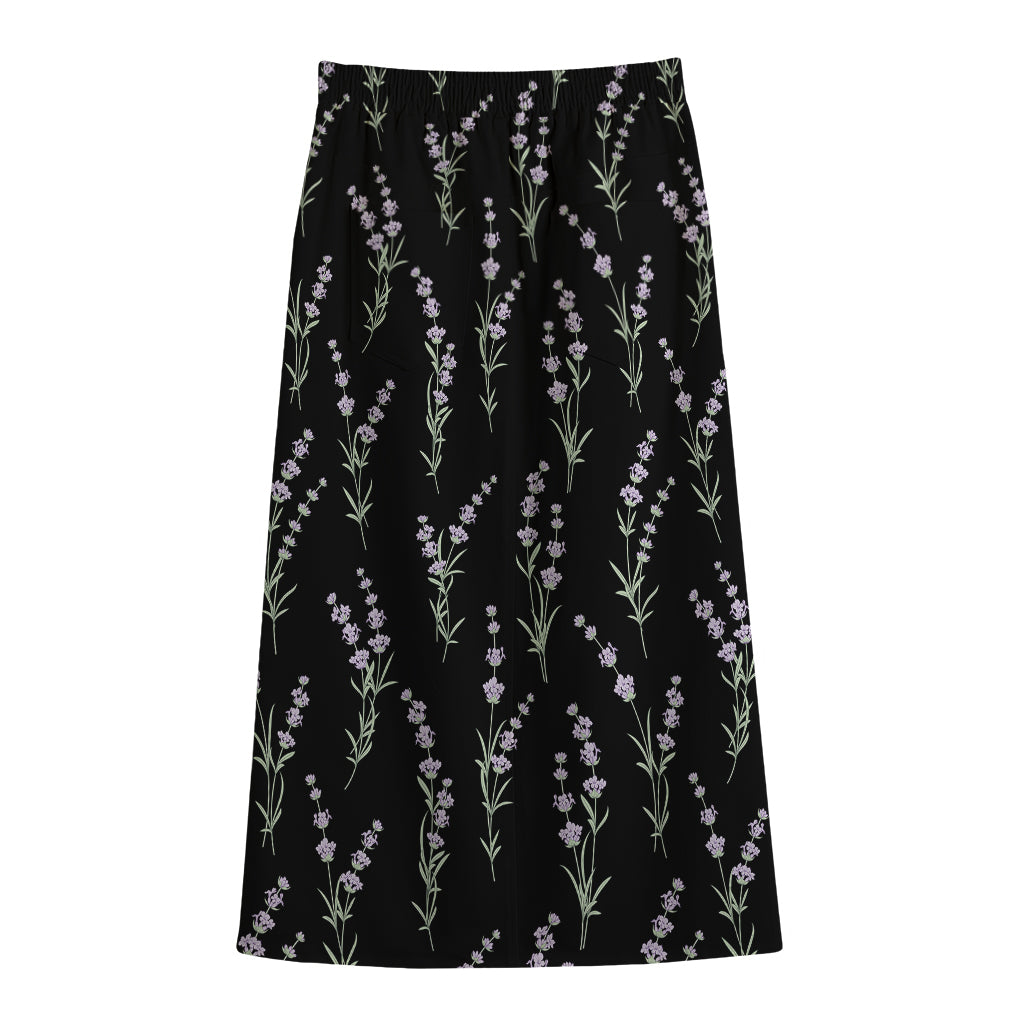 Lavender Flowers Pattern Print Cotton Front Slit Maxi Skirt