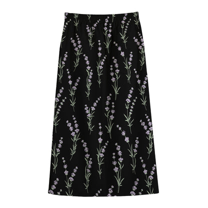 Lavender Flowers Pattern Print Cotton Front Slit Maxi Skirt