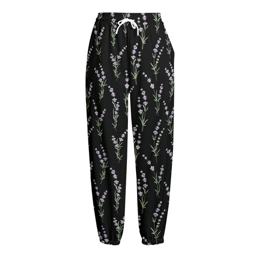 Lavender Flowers Pattern Print Fleece Lined Knit Pants