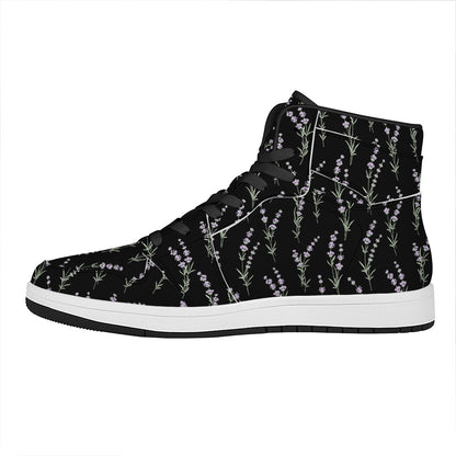 Lavender Flowers Pattern Print High Top Leather Sneakers