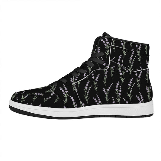 Lavender Flowers Pattern Print High Top Leather Sneakers