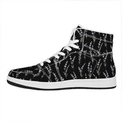 Lavender Flowers Pattern Print High Top Leather Sneakers