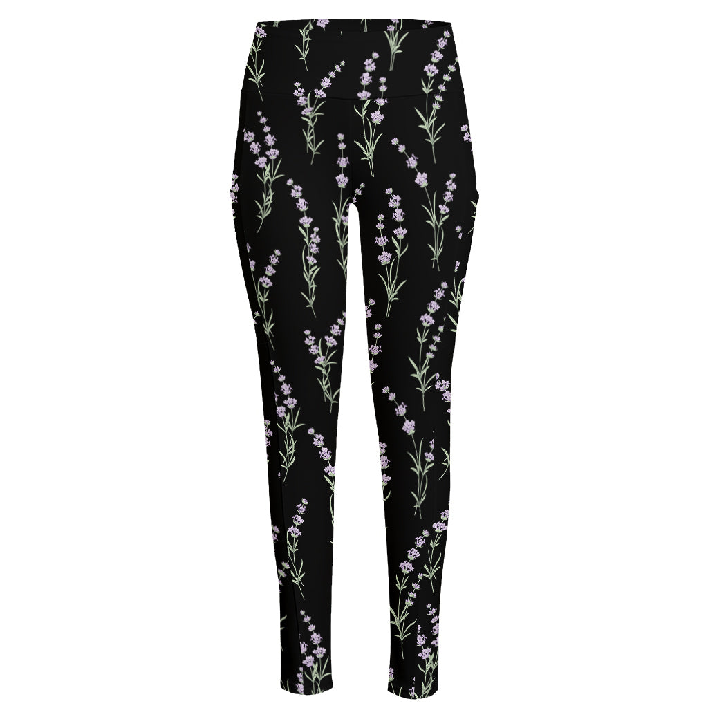 Lavender Flowers Pattern Print High-Waisted Pocket Leggings