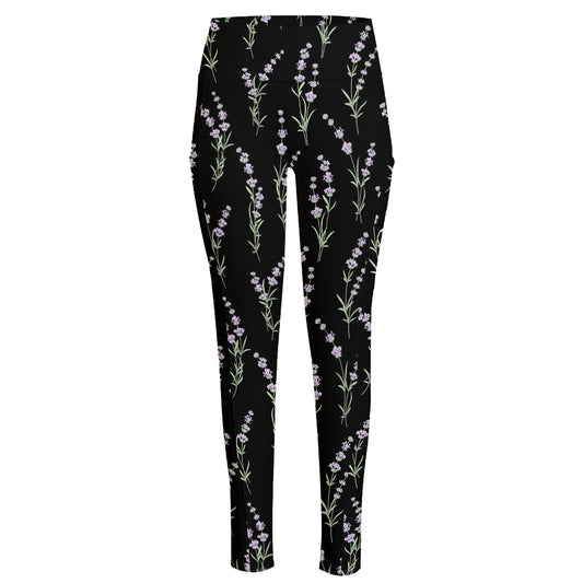 Lavender Flowers Pattern Print High-Waisted Pocket Leggings