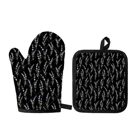 Lavender Flowers Pattern Print Oven Mitt And Pot Holder Set