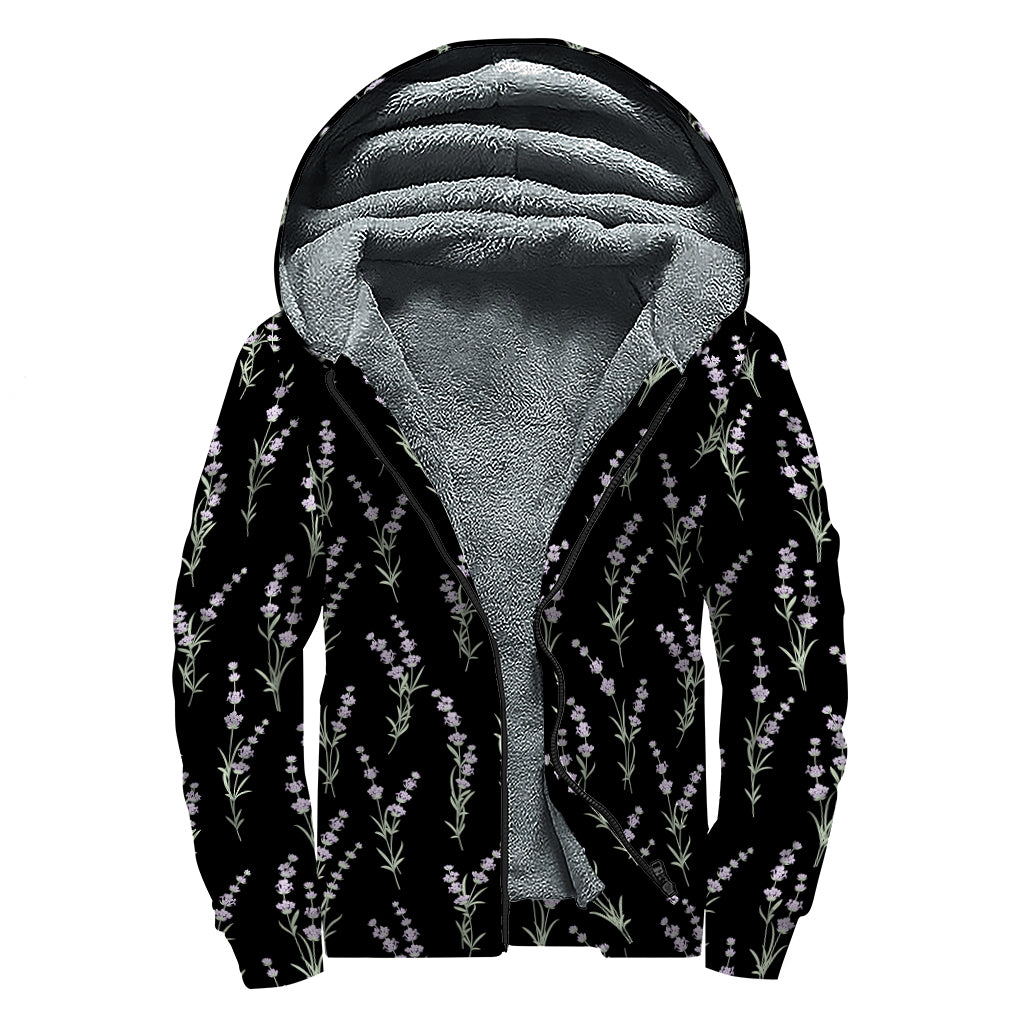Lavender Flowers Pattern Print Sherpa Lined Zip Up Hoodie