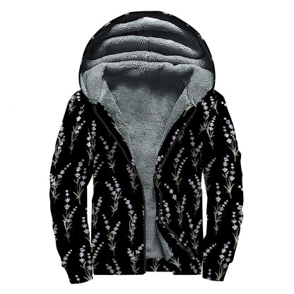 Lavender Flowers Pattern Print Sherpa Lined Zip Up Hoodie