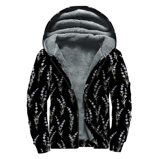 Lavender Flowers Pattern Print Sherpa Lined Zip Up Hoodie
