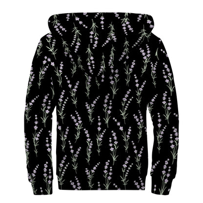Lavender Flowers Pattern Print Sherpa Lined Zip Up Hoodie