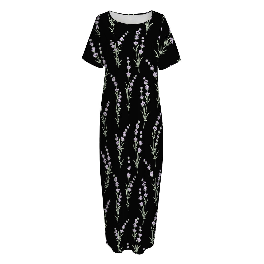 Lavender Flowers Pattern Print Short Sleeve Long Nightdress