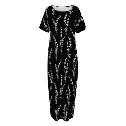 Lavender Flowers Pattern Print Short Sleeve Long Nightdress