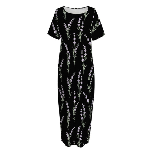 Lavender Flowers Pattern Print Short Sleeve Long Nightdress