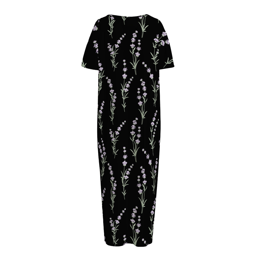 Lavender Flowers Pattern Print Short Sleeve Long Nightdress