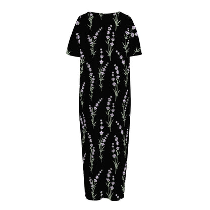 Lavender Flowers Pattern Print Short Sleeve Long Nightdress
