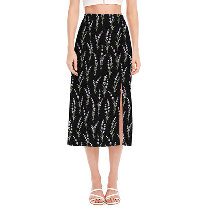 Lavender Flowers Pattern Print Side Slit Midi Skirt