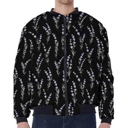 Lavender Flowers Pattern Print Zip Sleeve Bomber Jacket