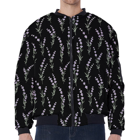 Lavender Flowers Pattern Print Zip Sleeve Bomber Jacket