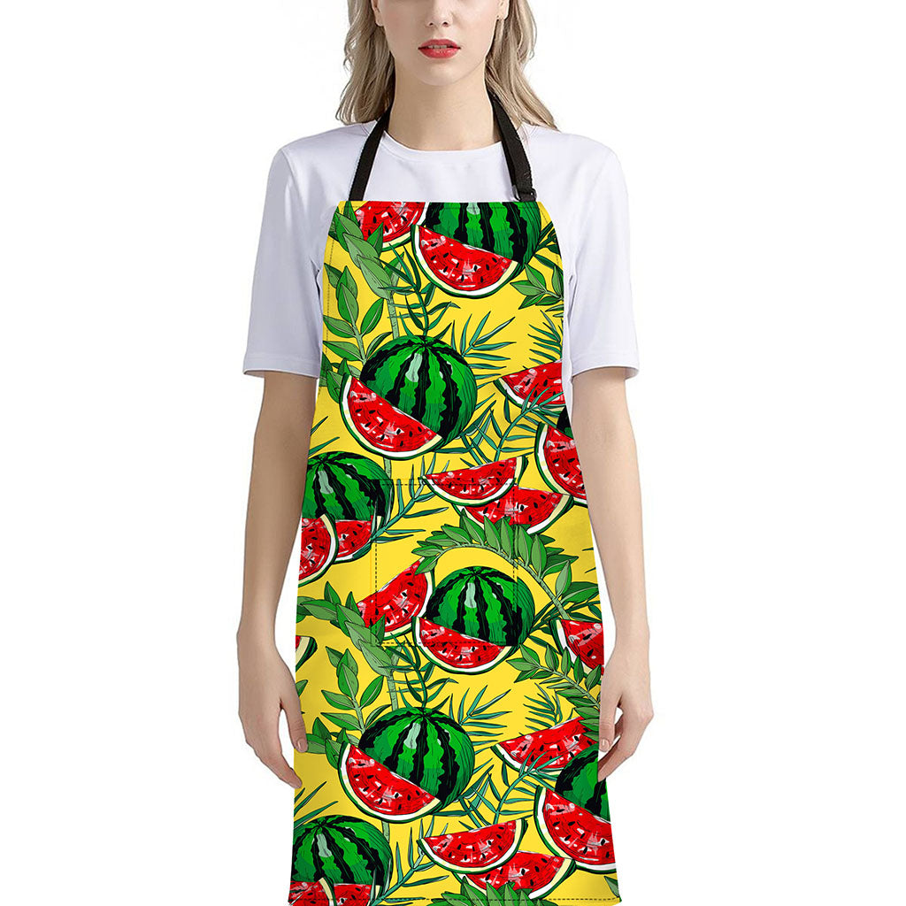 Leaf Watermelon Pieces Pattern Print Bib Apron With Pocket
