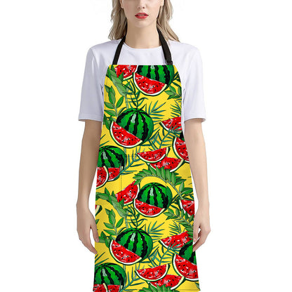 Leaf Watermelon Pieces Pattern Print Bib Apron With Pocket