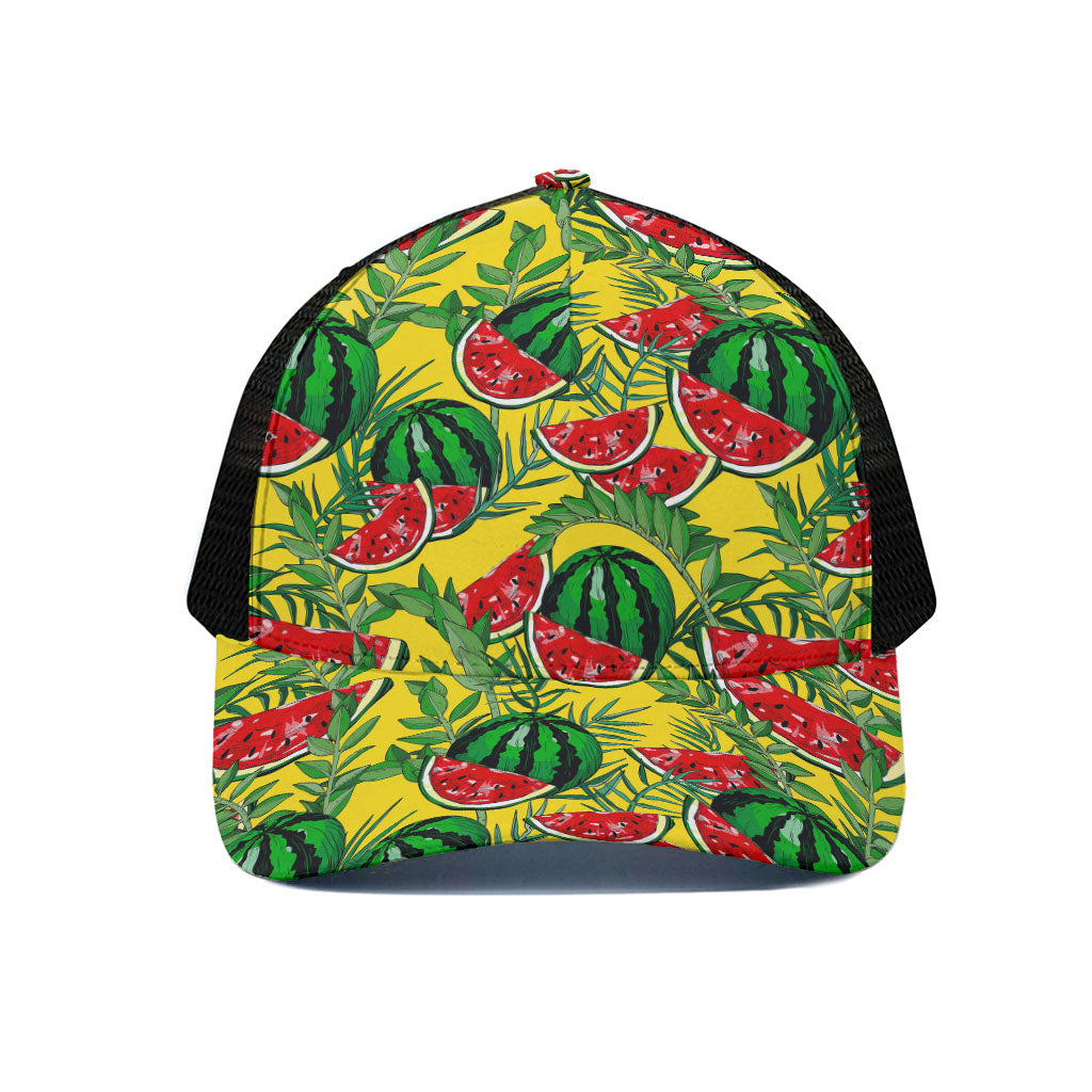 Leaf Watermelon Pieces Pattern Print Black Mesh Trucker Cap