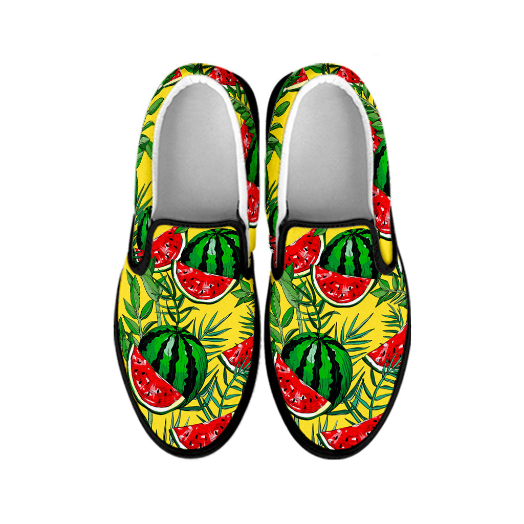 Leaf Watermelon Pieces Pattern Print Black Slip On Sneakers