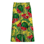 Leaf Watermelon Pieces Pattern Print Cotton Front Slit Maxi Skirt