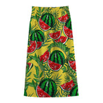 Leaf Watermelon Pieces Pattern Print Cotton Front Slit Maxi Skirt