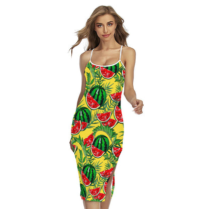 Leaf Watermelon Pieces Pattern Print Cross Back Cami Dress