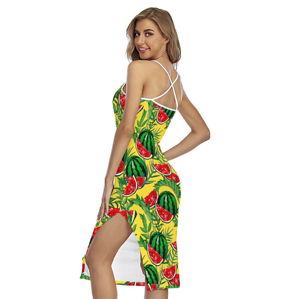 Leaf Watermelon Pieces Pattern Print Cross Back Cami Dress