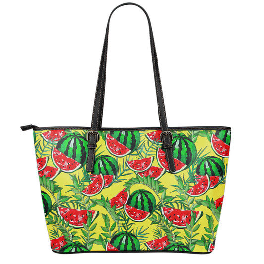 Leaf Watermelon Pieces Pattern Print Leather Tote Bag