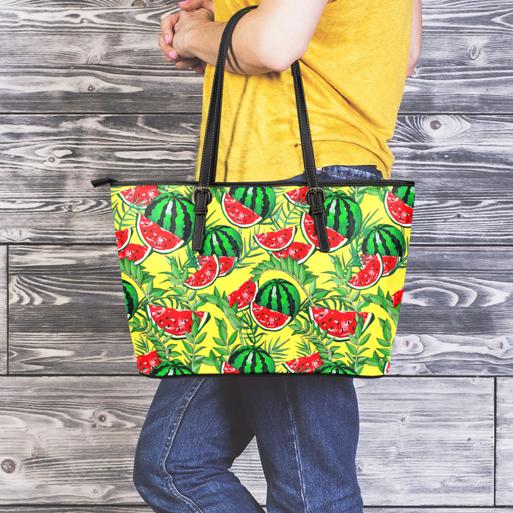 Leaf Watermelon Pieces Pattern Print Leather Tote Bag