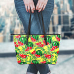 Leaf Watermelon Pieces Pattern Print Leather Tote Bag